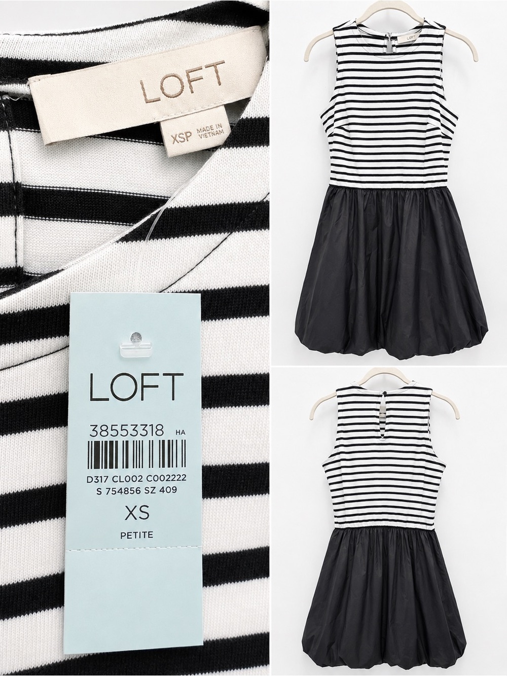 NWT- LOFT Black and White Striped Fit-and-Flare Dress with Bubble Skirt